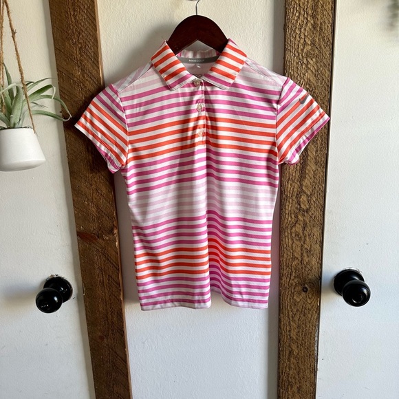 Y2K Nike Golf Ladies Polo Dri Slim Fit Sz Med Stripes Pink Orange Short Sleeve - Picture 8 of 16